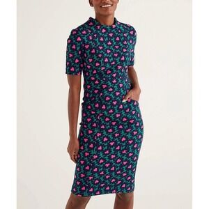 Boden Louise Textured Forest Bloom Midi Sheath Dress Pockets Size 10 Green Pink